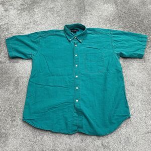 Point West Linen Blend Button Dhown Shirt Mens Large Teal Green Short Sleeve Top